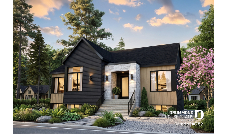 front - BASE MODEL - Modern house plan with 3 bedrooms, one-storey, pantry, laundry on main floor, unfinished daylight basement - Scandia