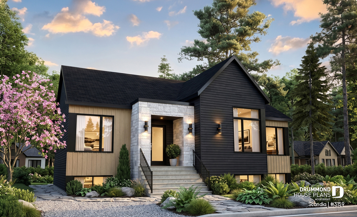 front - BASE MODEL - Modern house plan with 3 bedrooms, one-storey, pantry, laundry on main floor, unfinished daylight basement - Scandia