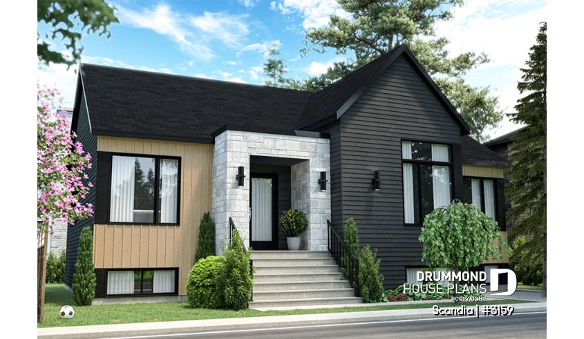 front - BASE MODEL - Modern house plan with 3 bedrooms, one-storey, pantry, laundry on main floor, unfinished daylight basement - Scandia