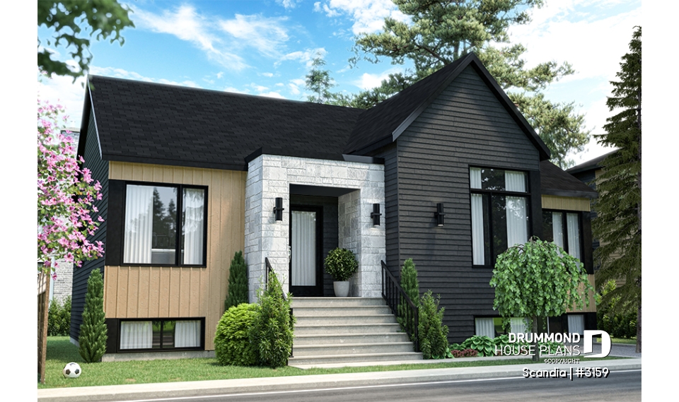 front - BASE MODEL - Modern house plan with 3 bedrooms, one-storey, pantry, laundry on main floor, unfinished daylight basement - Scandia