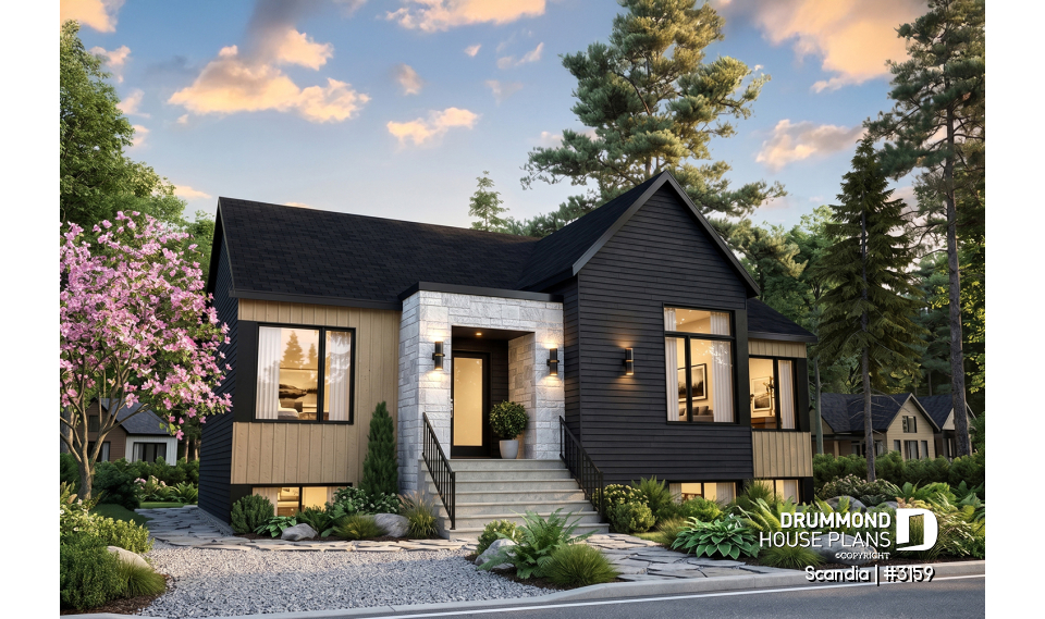 front - BASE MODEL - Modern house plan with 3 bedrooms, one-storey, pantry, laundry on main floor, unfinished daylight basement - Scandia