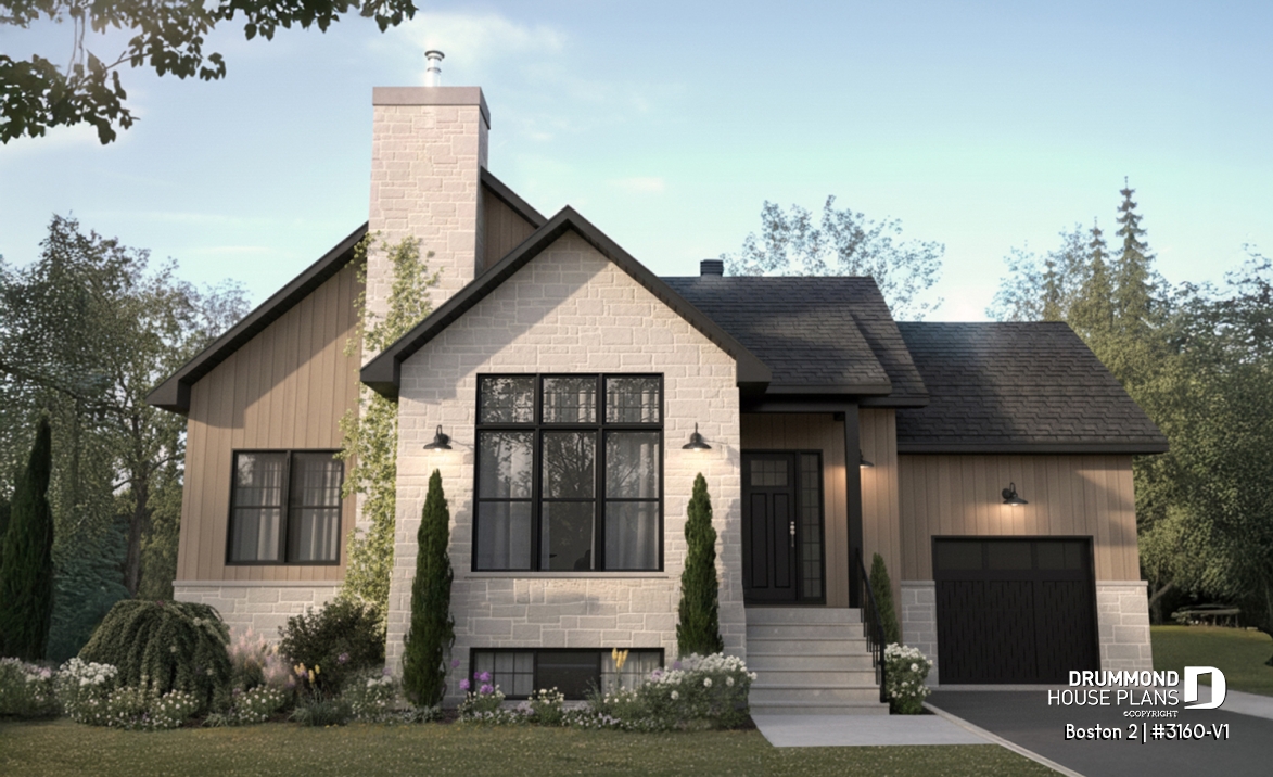 front - BASE MODEL - Luxury bungalow house plan with garage and potential for 4 bedrooms, cathedral ceiling, and private suite - Boston 2