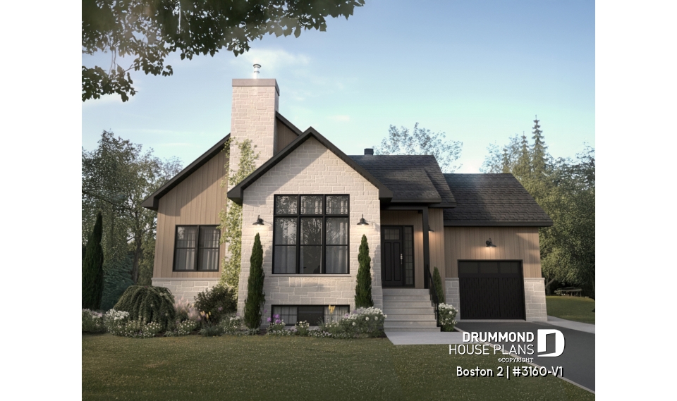 front - BASE MODEL - Luxury bungalow house plan with garage and potential for 4 bedrooms, cathedral ceiling, and private suite - Boston 2