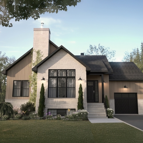 front - BASE MODEL - Luxury bungalow house plan with garage and potential for 4 bedrooms, cathedral ceiling, and private suite - Boston 2