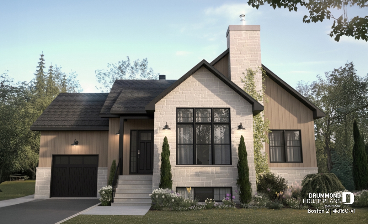 front - BASE MODEL - Luxury bungalow house plan with garage and potential for 4 bedrooms, cathedral ceiling, and private suite - Boston 2