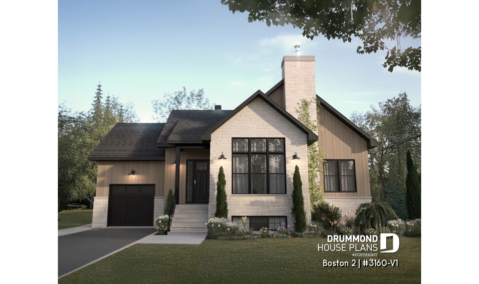 front - BASE MODEL - Luxury bungalow house plan with garage and potential for 4 bedrooms, cathedral ceiling, and private suite - Boston 2