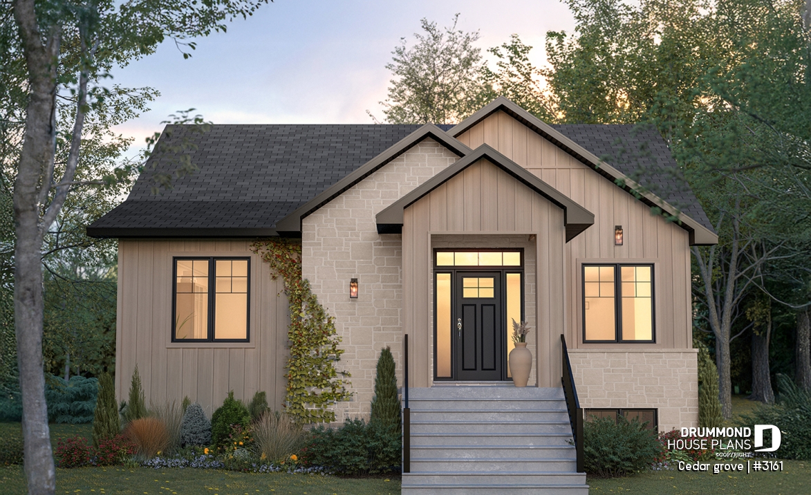 front - BASE MODEL - Single-story home model, 2 to 4 bedrooms, office, pantry, mudroom, optionnel finished basement ($) - Cedar grove