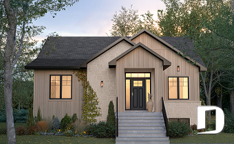 front - BASE MODEL - Single-story home model, 2 to 4 bedrooms, office, pantry, mudroom, optionnel finished basement ($) - Cedar grove