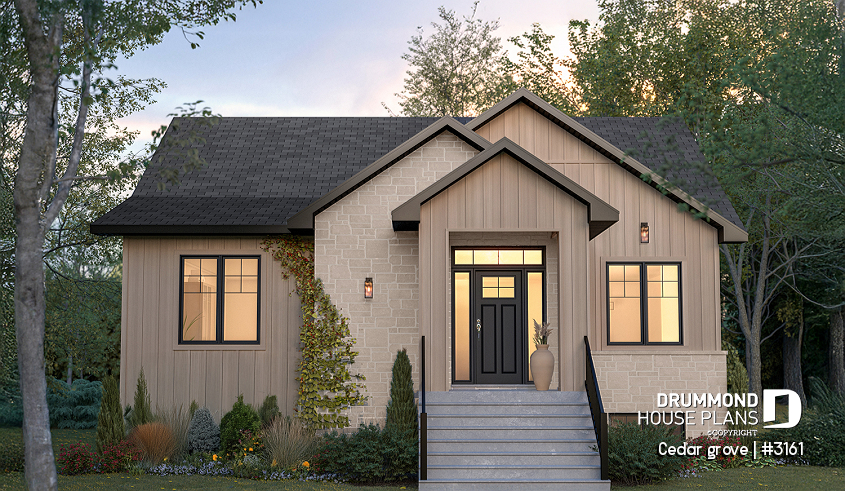 front - BASE MODEL - Single-story home model, 2 to 4 bedrooms, office, pantry, mudroom, optionnel finished basement ($) - Cedar grove