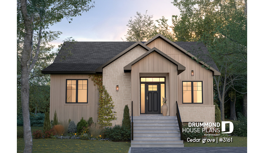 front - BASE MODEL - Single-story home model, 2 to 4 bedrooms, office, pantry, mudroom, optionnel finished basement ($) - Cedar grove