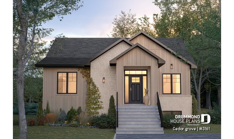 front - BASE MODEL - Single-story home model, 2 to 4 bedrooms, office, pantry, mudroom, optionnel finished basement ($) - Cedar grove