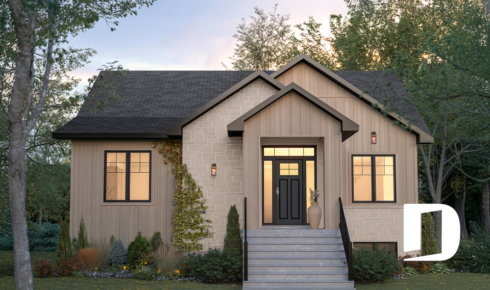 front - BASE MODEL - Single-story home model, 2 to 4 bedrooms, office, pantry, mudroom, optionnel finished basement ($) - Cedar grove