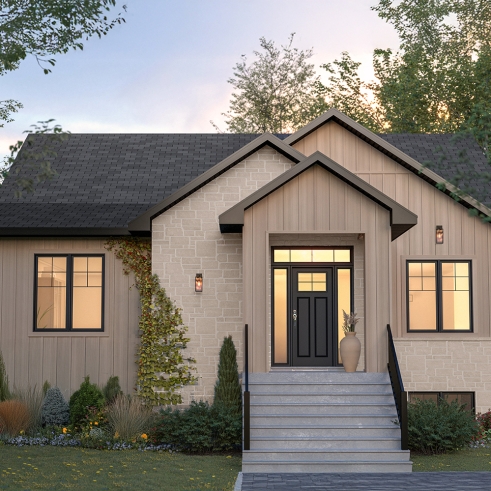 front - BASE MODEL - Single-story home model, 2 to 4 bedrooms, office, pantry, mudroom, optionnel finished basement ($) - Cedar grove