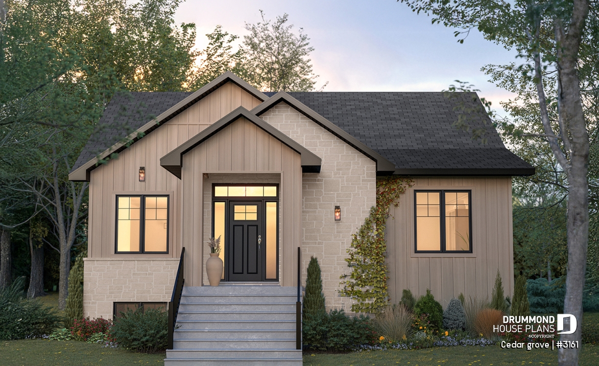 front - BASE MODEL - Single-story home model, 2 to 4 bedrooms, office, pantry, mudroom, optionnel finished basement ($) - Cedar grove