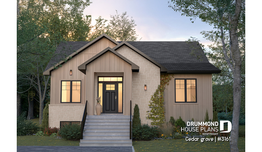 front - BASE MODEL - Single-story home model, 2 to 4 bedrooms, office, pantry, mudroom, optionnel finished basement ($) - Cedar grove
