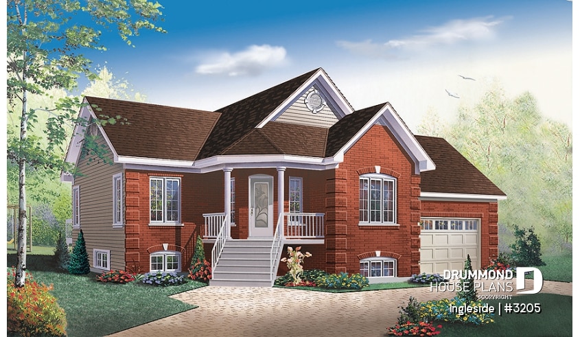 front - BASE MODEL - European 2 bedroom ranch style house plan with garage and access to daylight basement from garage - Ingleside