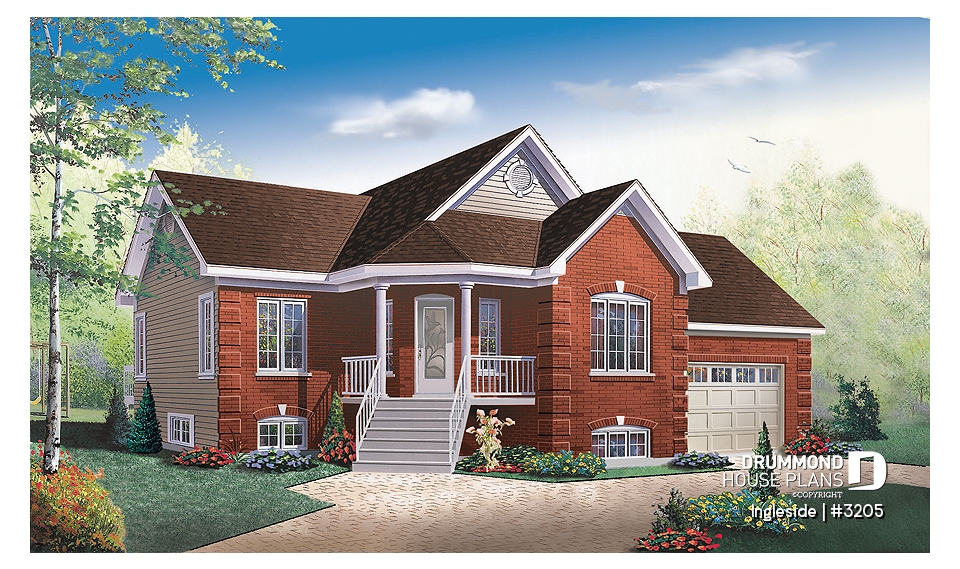 front - BASE MODEL - European 2 bedroom ranch style house plan with garage and access to daylight basement from garage - Ingleside