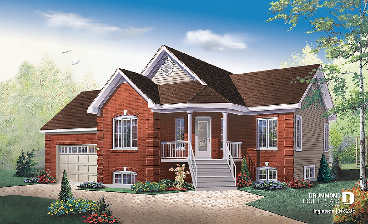front - BASE MODEL - European 2 bedroom ranch style house plan with garage and access to daylight basement from garage - Ingleside