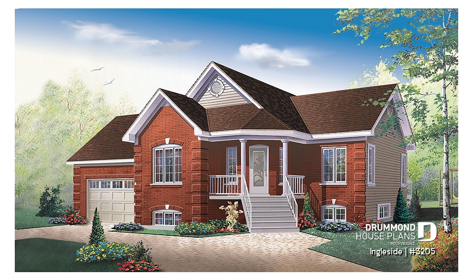 front - BASE MODEL - European 2 bedroom ranch style house plan with garage and access to daylight basement from garage - Ingleside