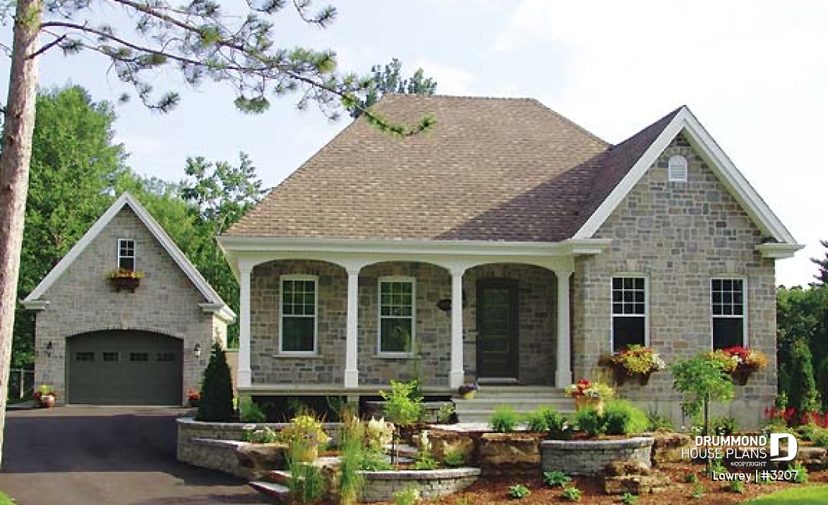 front - BASE MODEL - Two-bedroom house plan with nice front porch, fireplace, lots of natural light in kitchen, garage included - Lowrey