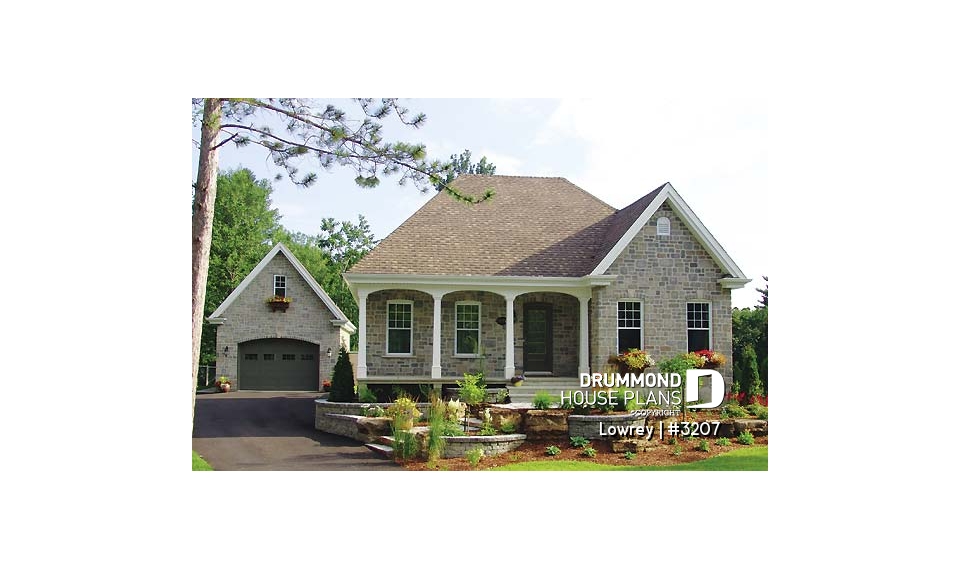 front - BASE MODEL - Two-bedroom house plan with nice front porch, fireplace, lots of natural light in kitchen, garage included - Lowrey