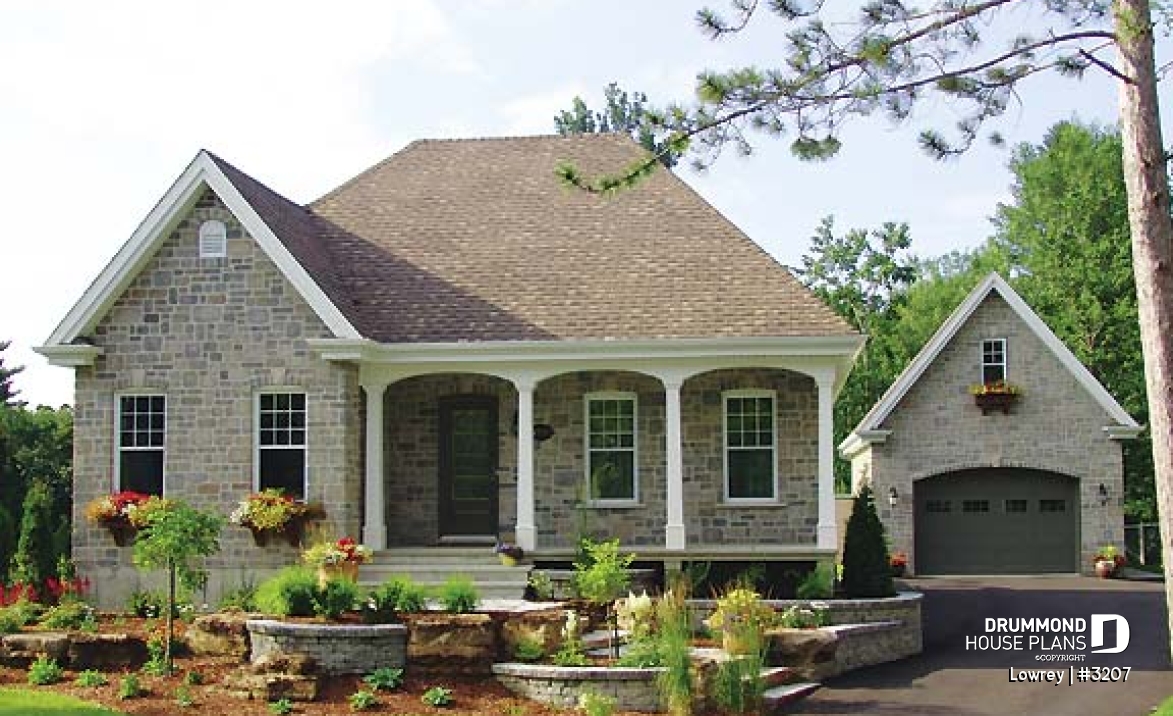 front - BASE MODEL - Two-bedroom house plan with nice front porch, fireplace, lots of natural light in kitchen, garage included - Lowrey