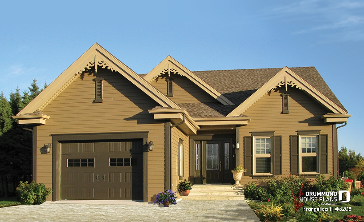 front - BASE MODEL - First home buyer house plan, 3 bedrooms, garage, sunken living room, walk-in pantry, walk-in closet in master - Frangelica 1