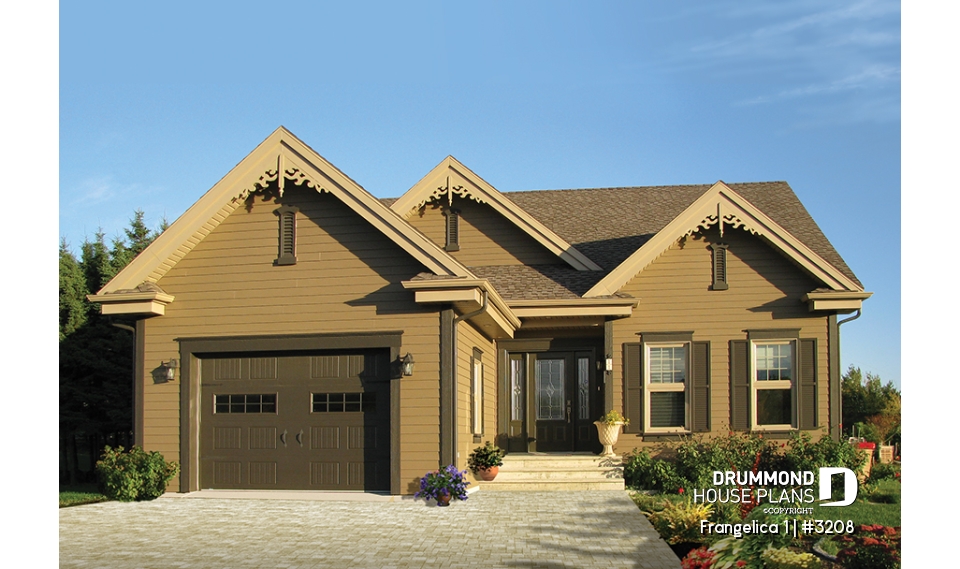 front - BASE MODEL - First home buyer house plan, 3 bedrooms, garage, sunken living room, walk-in pantry, walk-in closet in master - Frangelica 1