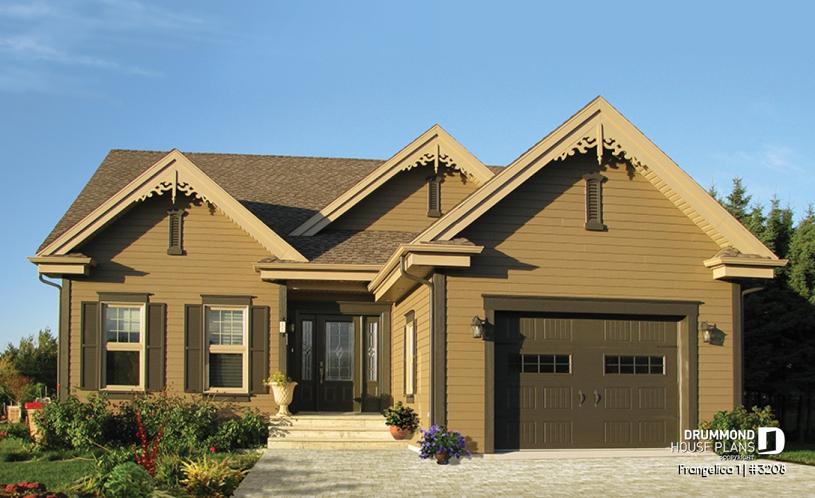 front - BASE MODEL - First home buyer house plan, 3 bedrooms, garage, sunken living room, walk-in pantry, walk-in closet in master - Frangelica 1