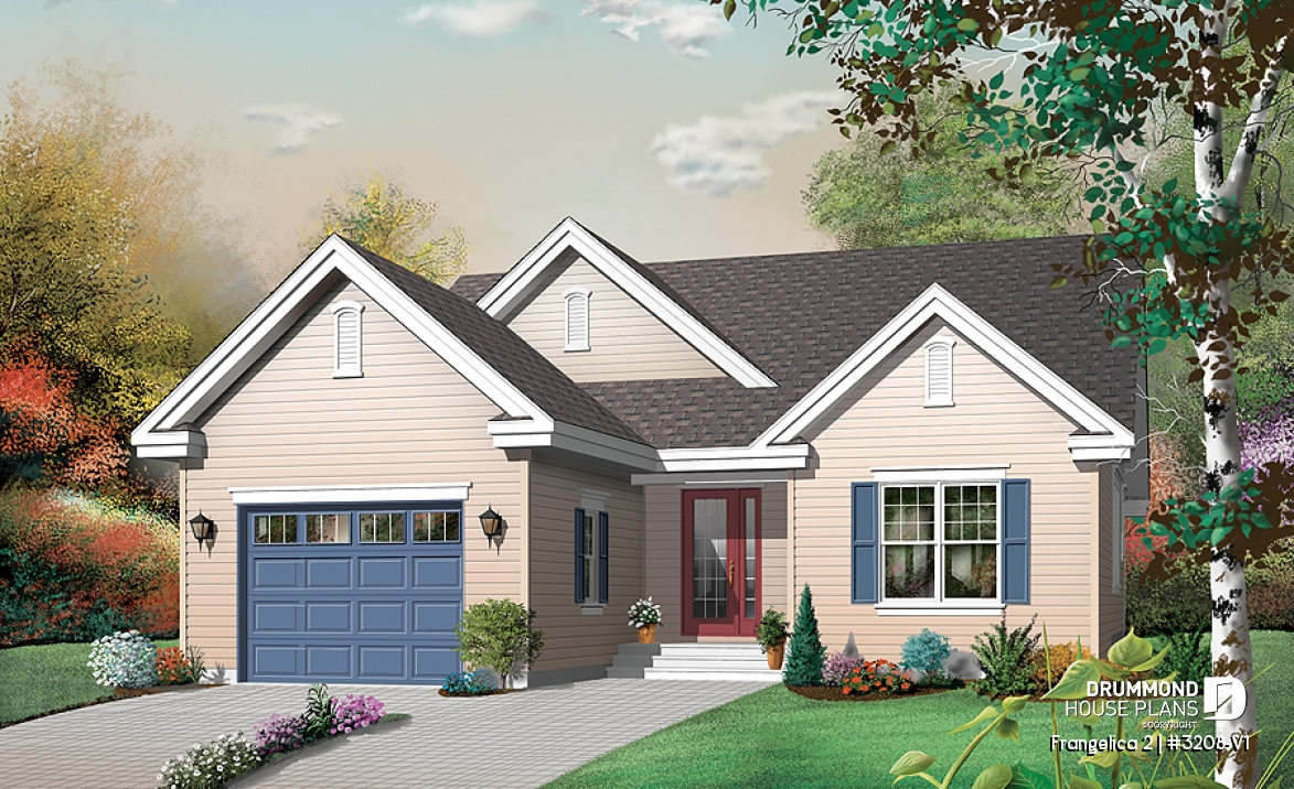 front - BASE MODEL - Single storey with 3 large bedrooms and a spacious living room, office corner, pantry, house plan with garage - Frangelica 2