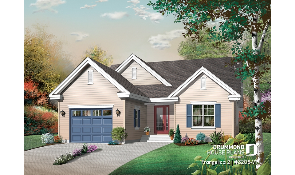 front - BASE MODEL - Single storey with 3 large bedrooms and a spacious living room, office corner, pantry, house plan with garage - Frangelica 2