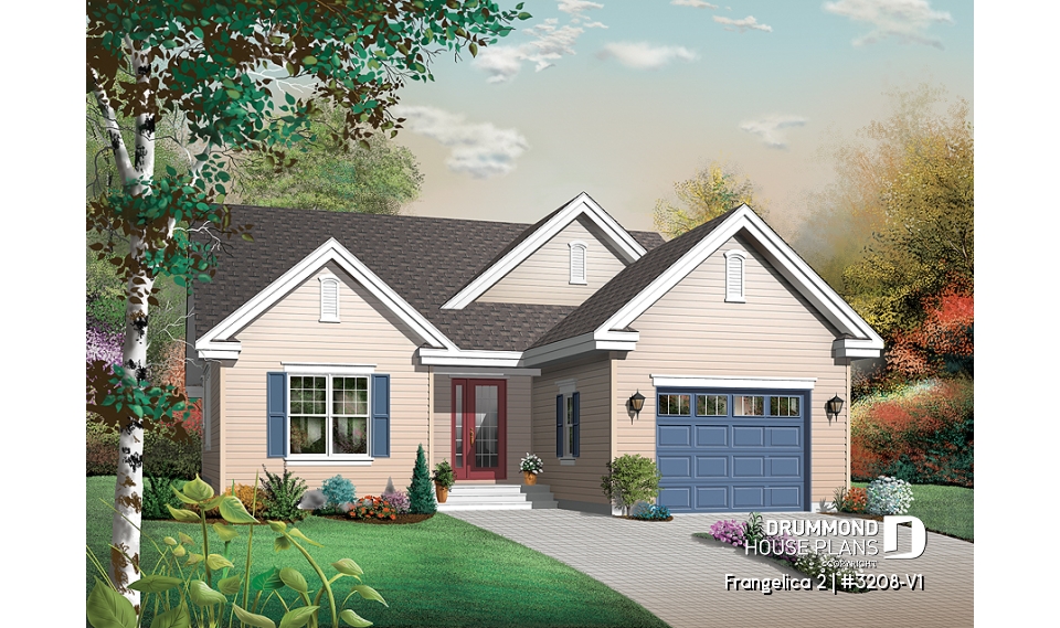 front - BASE MODEL - Single storey with 3 large bedrooms and a spacious living room, office corner, pantry, house plan with garage - Frangelica 2