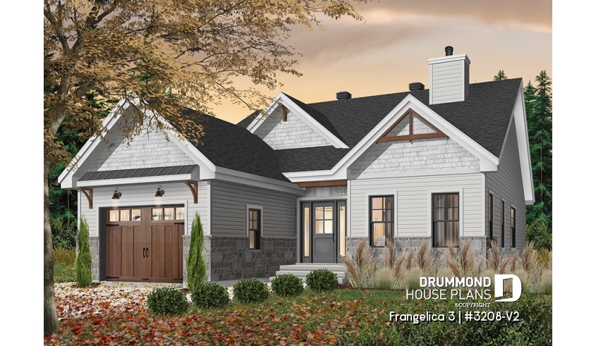 Color version 1 - Front - Craftsman house plan, master suite, 2 bedroom, huge kitchen, mud room, fireplace small farmhouse with garage - Frangelica 3