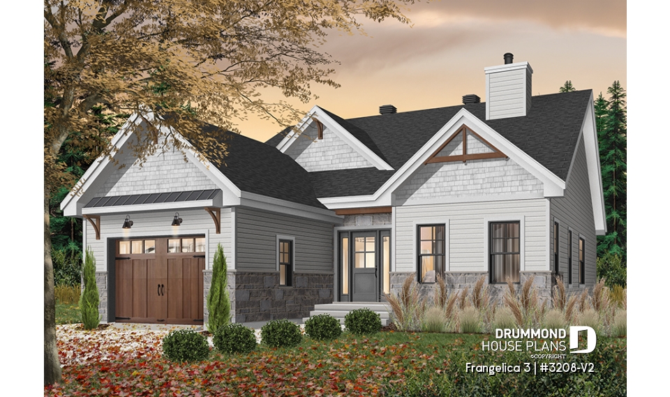 Color version 1 - Front - Craftsman house plan, master suite, 2 bedroom, huge kitchen, mud room, fireplace small farmhouse with garage - Frangelica 3