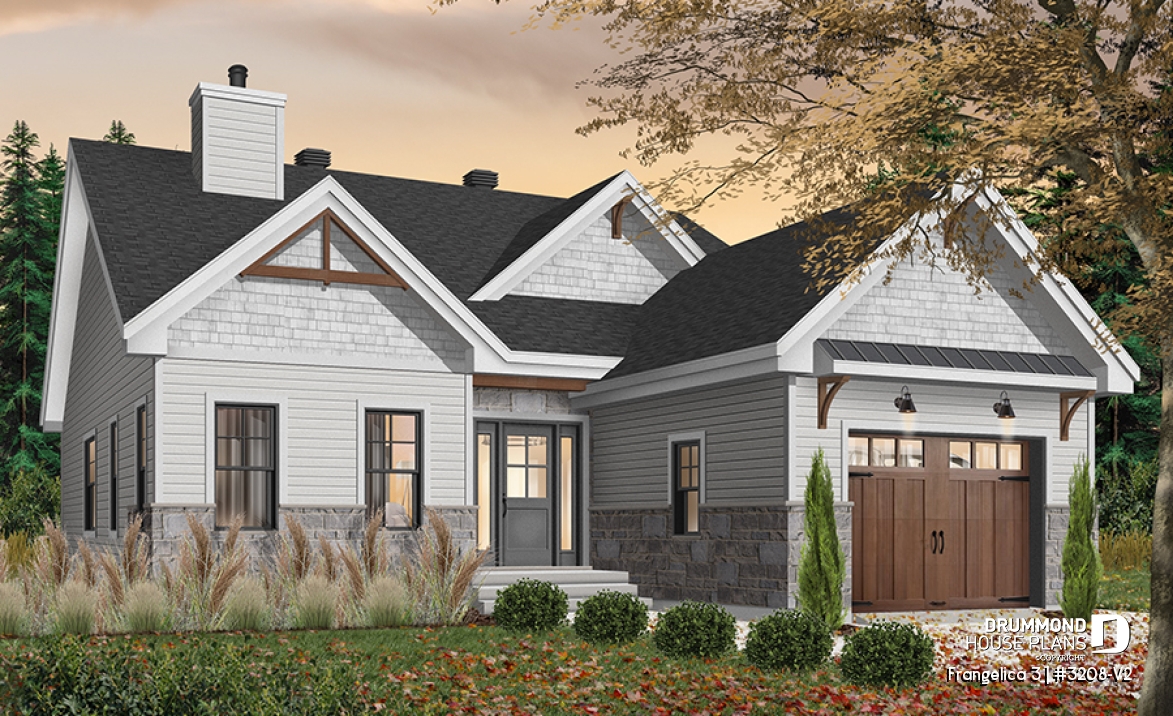 Color version 1 - Front - Craftsman house plan, master suite, 2 bedroom, huge kitchen, mud room, fireplace small farmhouse with garage - Frangelica 3