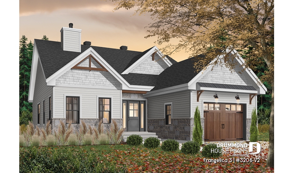 Color version 1 - Front - Craftsman house plan, master suite, 2 bedroom, huge kitchen, mud room, fireplace small farmhouse with garage - Frangelica 3