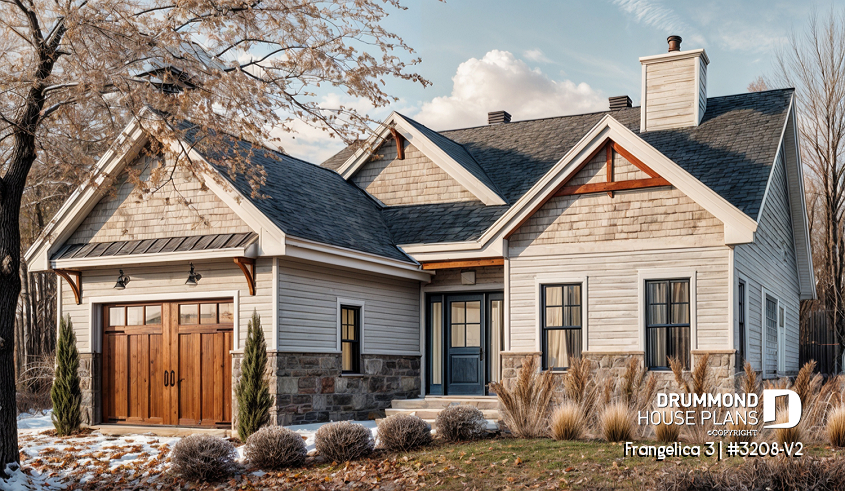 front - BASE MODEL - Craftsman house plan, master suite, 2 bedroom, huge kitchen, mud room, fireplace small farmhouse with garage - Frangelica 3