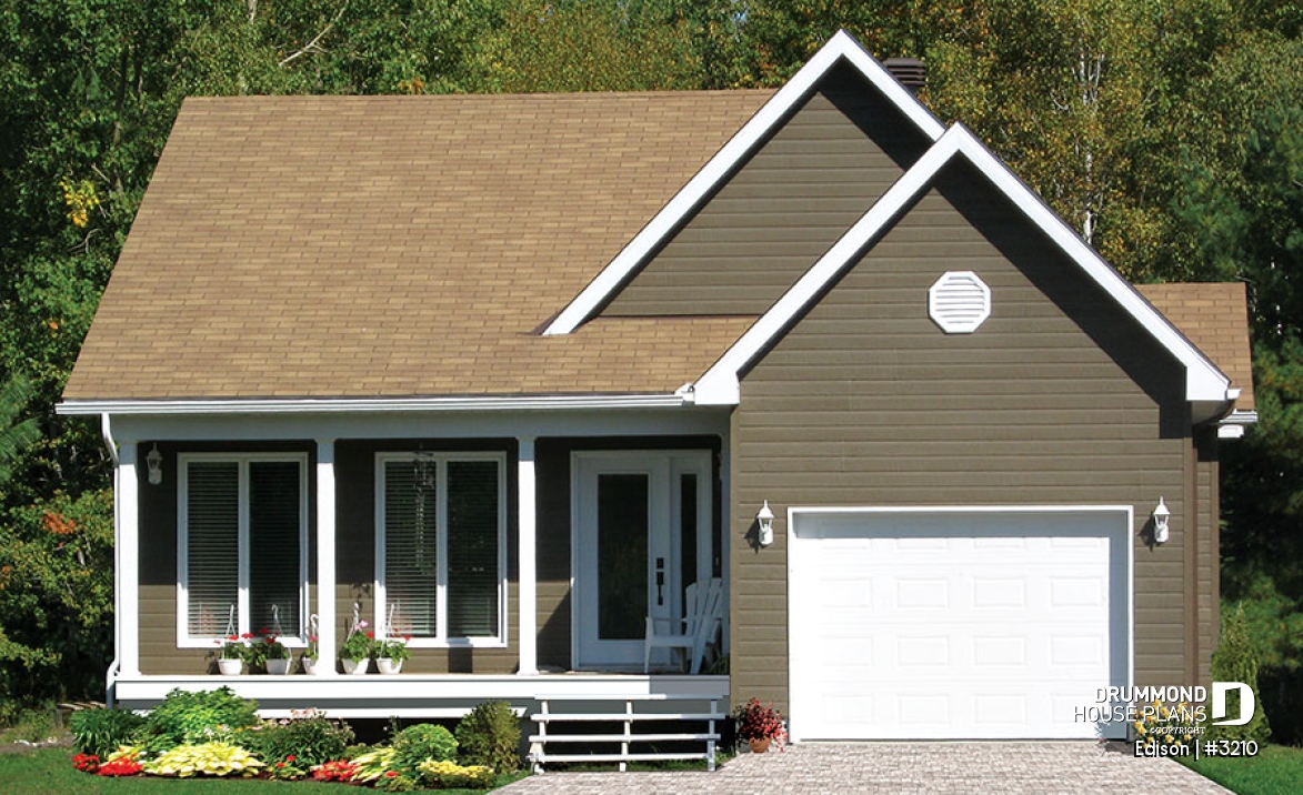 front - BASE MODEL - Affordable traditional ranch bungalow, 2 bedrooms, lots of natural light, garage, good starter house plan - Edison