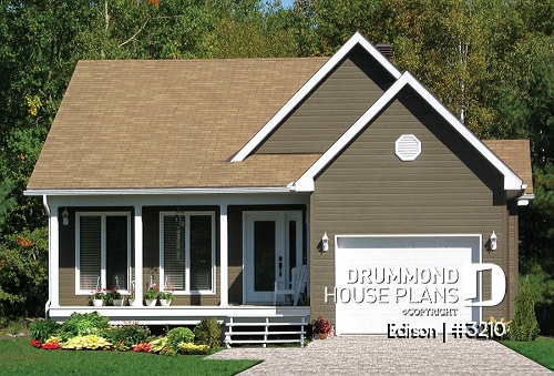 front - BASE MODEL - Affordable traditional ranch bungalow, 2 bedrooms, lots of natural light, garage, good starter house plan - Edison