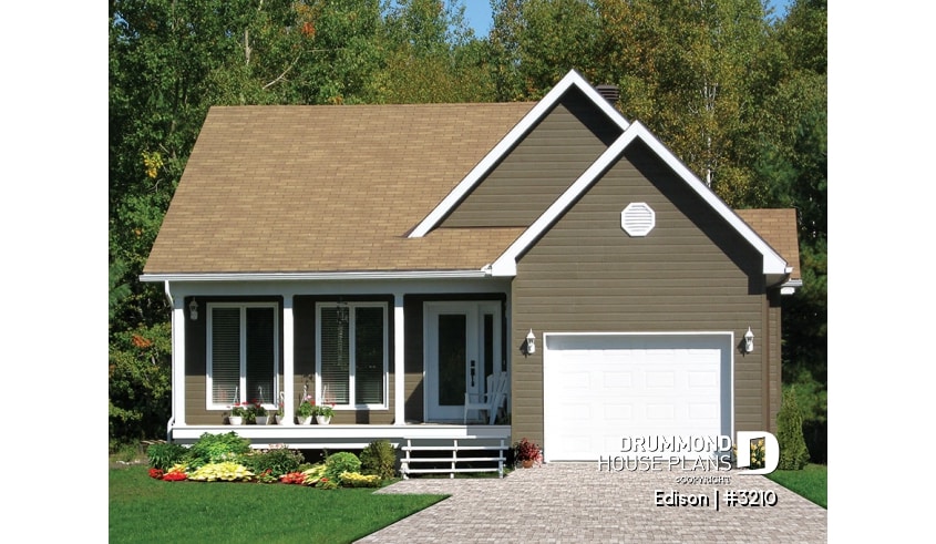 front - BASE MODEL - Affordable traditional ranch bungalow, 2 bedrooms, lots of natural light, garage, good starter house plan - Edison