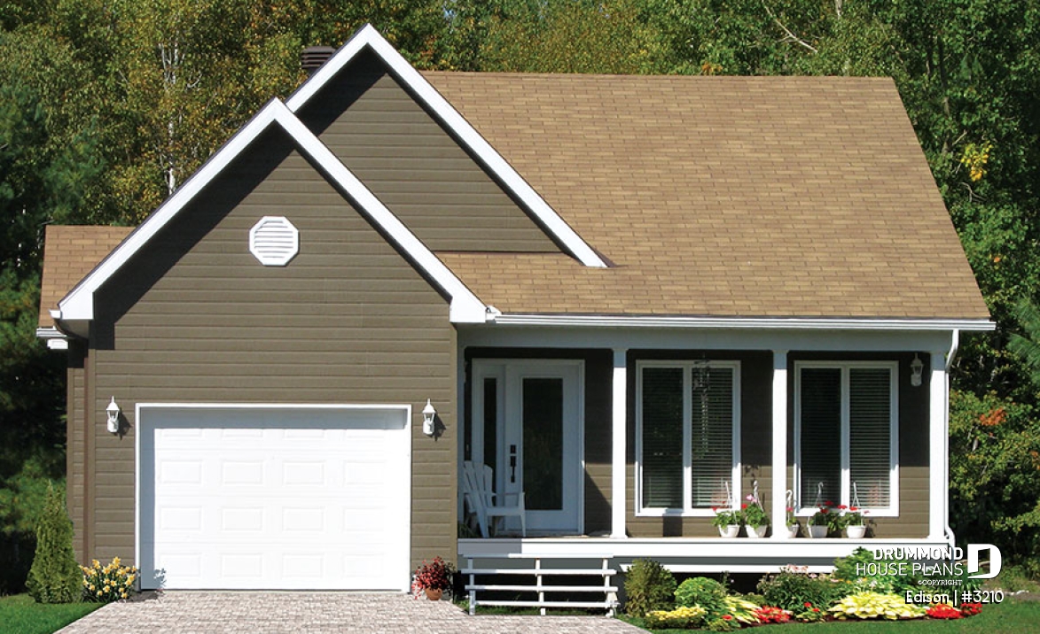 front - BASE MODEL - Affordable traditional ranch bungalow, 2 bedrooms, lots of natural light, garage, good starter house plan - Edison