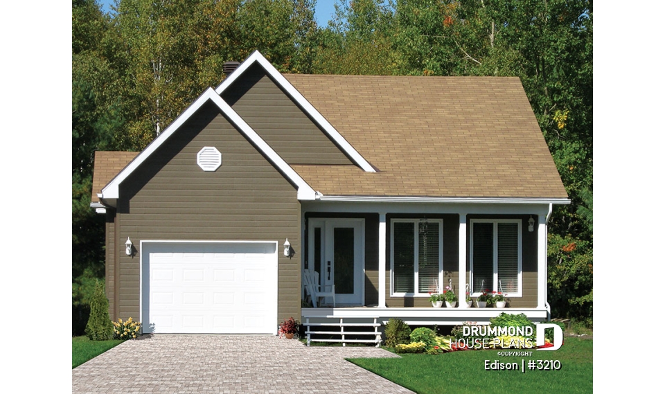front - BASE MODEL - Affordable traditional ranch bungalow, 2 bedrooms, lots of natural light, garage, good starter house plan - Edison
