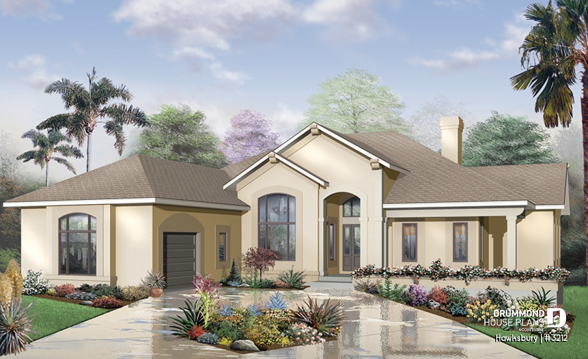 front - BASE MODEL - Mediterranean style design with split bedroom concept, home office, 3-car garage, large open floor plan - Hawksbury