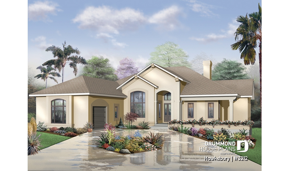 front - BASE MODEL - Mediterranean style design with split bedroom concept, home office, 3-car garage, large open floor plan - Hawksbury