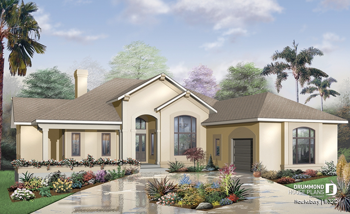 front - BASE MODEL - Mediterranean style design with split bedroom concept, home office, 3-car garage, large open floor plan - Hawksbury