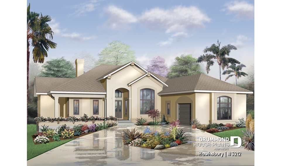 front - BASE MODEL - Mediterranean style design with split bedroom concept, home office, 3-car garage, large open floor plan - Hawksbury