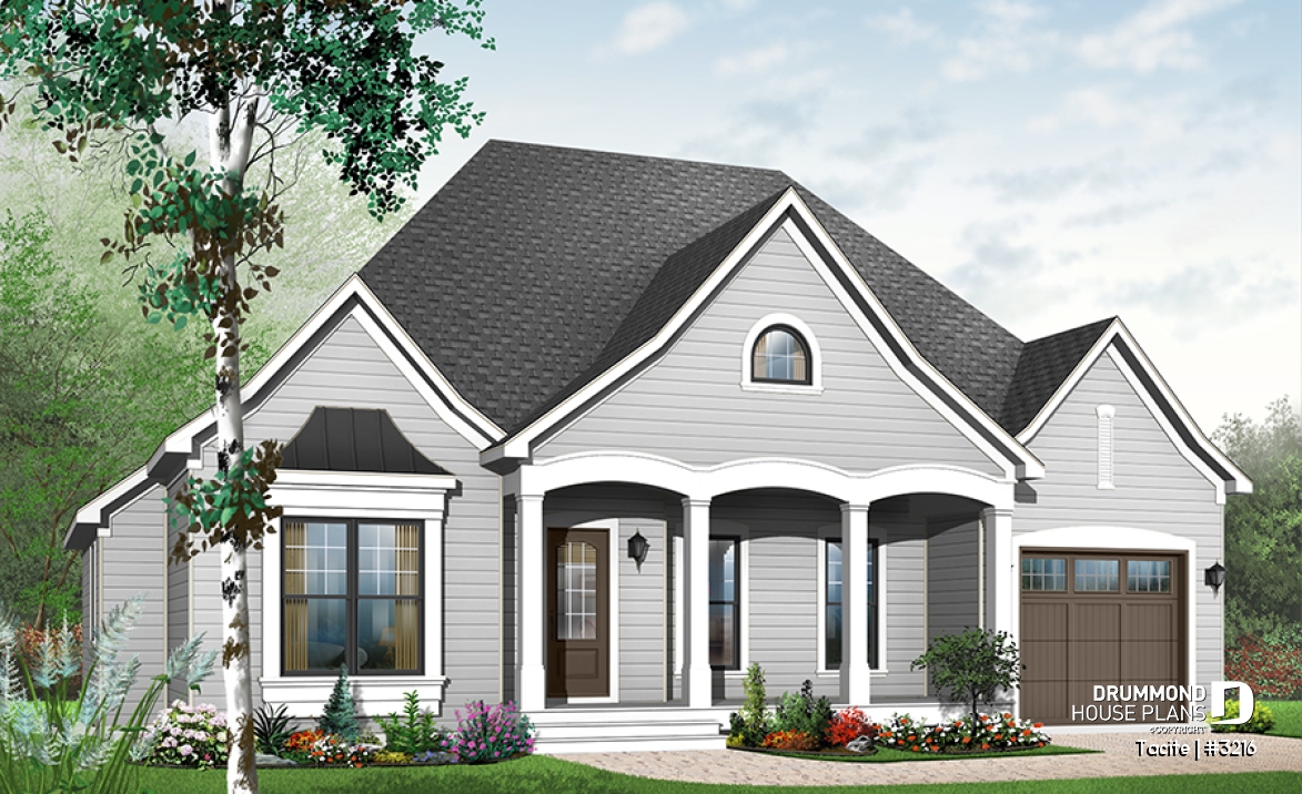 Color version 1 - Front - Country bungalow house plan w/garage, open floor plan, large master bedroom w/sitting area, 9' ceiling - Tacite