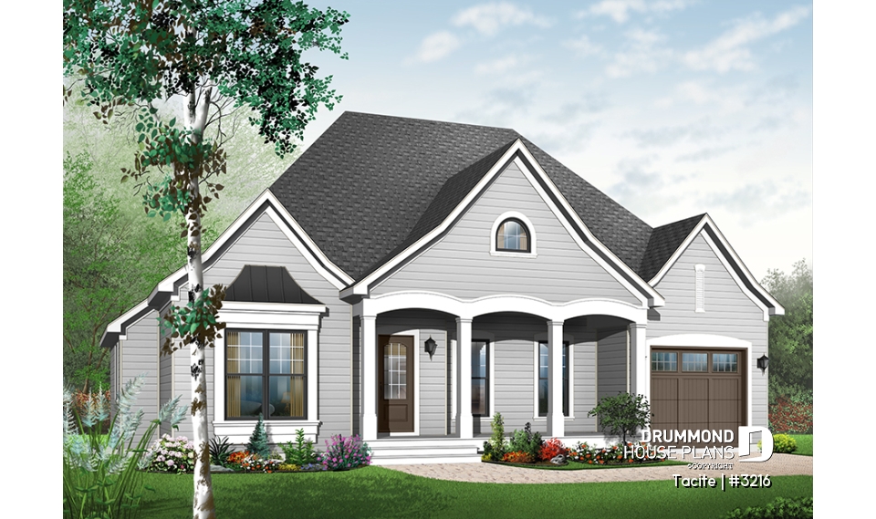 Color version 1 - Front - Country bungalow house plan w/garage, open floor plan, large master bedroom w/sitting area, 9' ceiling - Tacite