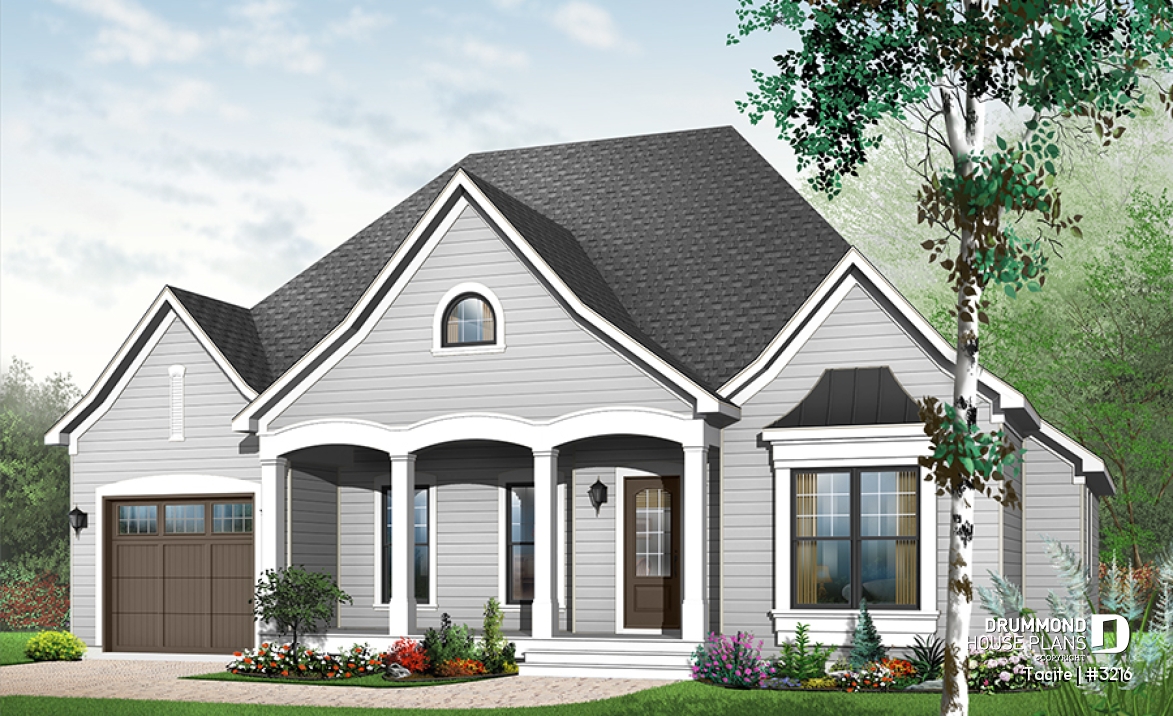 Color version 1 - Front - Country bungalow house plan w/garage, open floor plan, large master bedroom w/sitting area, 9' ceiling - Tacite