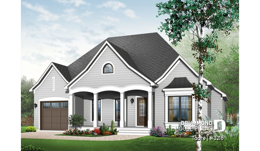 Color version 1 - Front - Country bungalow house plan w/garage, open floor plan, large master bedroom w/sitting area, 9' ceiling - Tacite